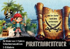 Piraten Schnitzeljagd, llustration einer abenteuerlichen Piratenszene mit einem Schiff auf hoher See, umgeben von Schätzen und einer Karte, die das Thema der Schnitzeljagd darstellt.