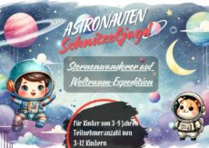 : Illustration eines Astronauten im Weltraum, umgeben von Planeten und Sternen, die das Abenteuer der Schnitzeljagd darstell: Astronauten Schatzsuche