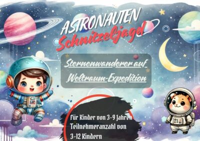 : Illustration eines Astronauten im Weltraum, umgeben von Planeten und Sternen, die das Abenteuer der Schnitzeljagd darstell