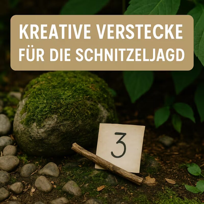 Titelbild mit moosbedecktem Stein, einem Hinweiszettel mit der Zahl 3 und dem Text „Kreative Verstecke für die Schnitzeljagd“ – ideal für einen Blogbeitrag über clevere Ideen beim Schatzsuchen.