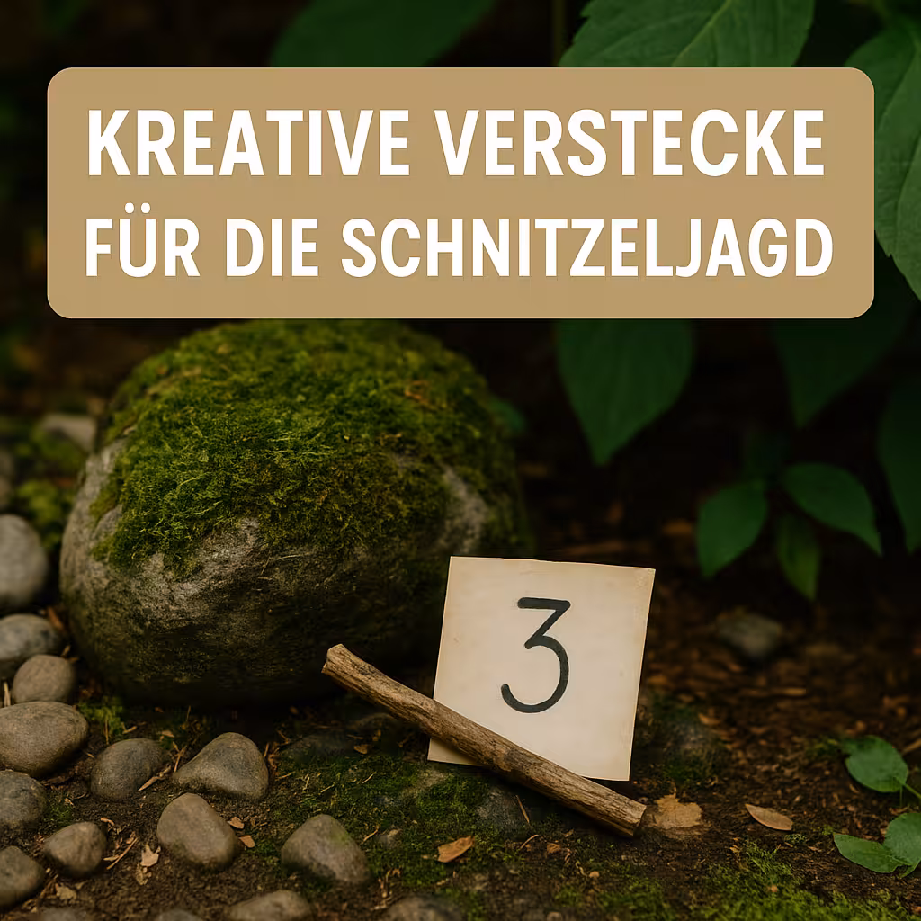 Die besten & kreativen Verstecke für deine Schnitzeljagd 1 Titelbild mit moosbedecktem Stein, einem Hinweiszettel mit der Zahl 3 und dem Text „Kreative Verstecke für die Schnitzeljagd“ – ideal für einen Blogbeitrag über clevere Ideen beim Schatzsuchen.