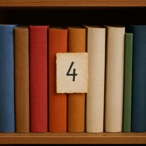 Hinweiszettel mit der Zahl 4 zwischen bunten Buchrücken in einem Holzregal versteckt – perfekte Indoor-Versteckidee für eine Schnitzeljagd