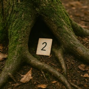 Hinweis mit der Zahl 2 in einer moosigen Baumhöhle, eingebettet zwischen knorrigen Wurzeln auf einem mit Laub bedeckten Waldboden – ein geheimnisvolles Schnitzeljagd-Versteck.