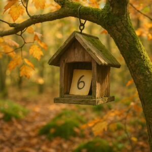 Hinweis mit der Zahl 6 in einem aufgehängten Vogelhäuschen aus Holz, umgeben von herbstlichem Wald – ein überraschendes Schnitzeljagd-Versteck mit Naturflair.