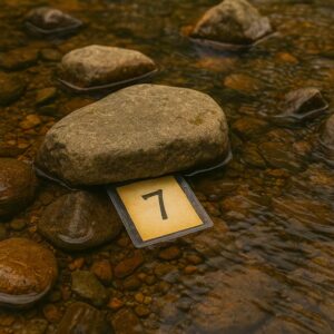Laminierter Hinweis mit der Zahl 7 unter einem flachen Stein im flachen Bachbett versteckt – ein spannendes Schnitzeljagd-Versteck mitten im Wasser.
