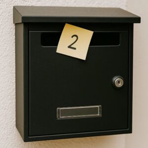 inweis mit der Zahl 2 ragt aus dem Schlitz eines schwarzen Briefkastens an einer Hauswand – originelle Schnitzeljagd-Idee mit Post-Thema.
