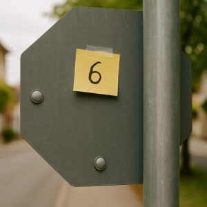 Hinweis mit der Zahl 6 auf der Rückseite eines Straßenschildes mit Klebeband befestigt – originelles Schnitzeljagd-Versteck an einem Laternenpfahl in einer Wohnstraße.
