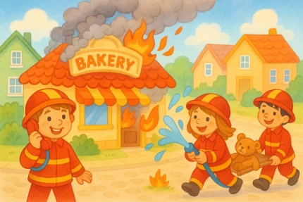 Drei Kinder in Feuerwehrkleidung löschen ein Feuer vor einer brennenden Bäckerei, retten ein Plüschtier und rufen Hilfe – farbenfrohe Szene im Comicstil für eine Feuerwehr-Schnitzeljagd