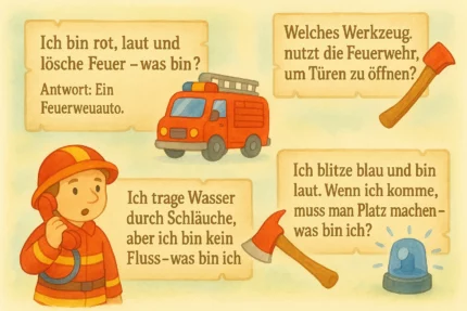 Aquarellbild mit vier Feuerwehr-Rätseln für Kinder: ein Feuerwehrauto, eine Axt, ein Feuerwehrschlauch und ein Martinshorn illustrieren kindgerechte Fragen und Antworten für eine Feuerwehr-Schnitzeljagd.