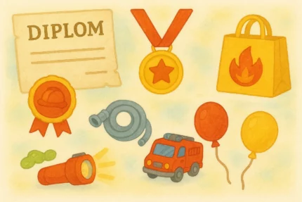 Aquarellbild mit Feuerwehr-Mitgebseln wie Diplom, Medaille, Geschenkbeutel, Taschenlampe, Spielzeug-Feuerwehrauto, Luftballons und Aufklebern – ideal als Belohnung für kleine Feuerwehrfans.