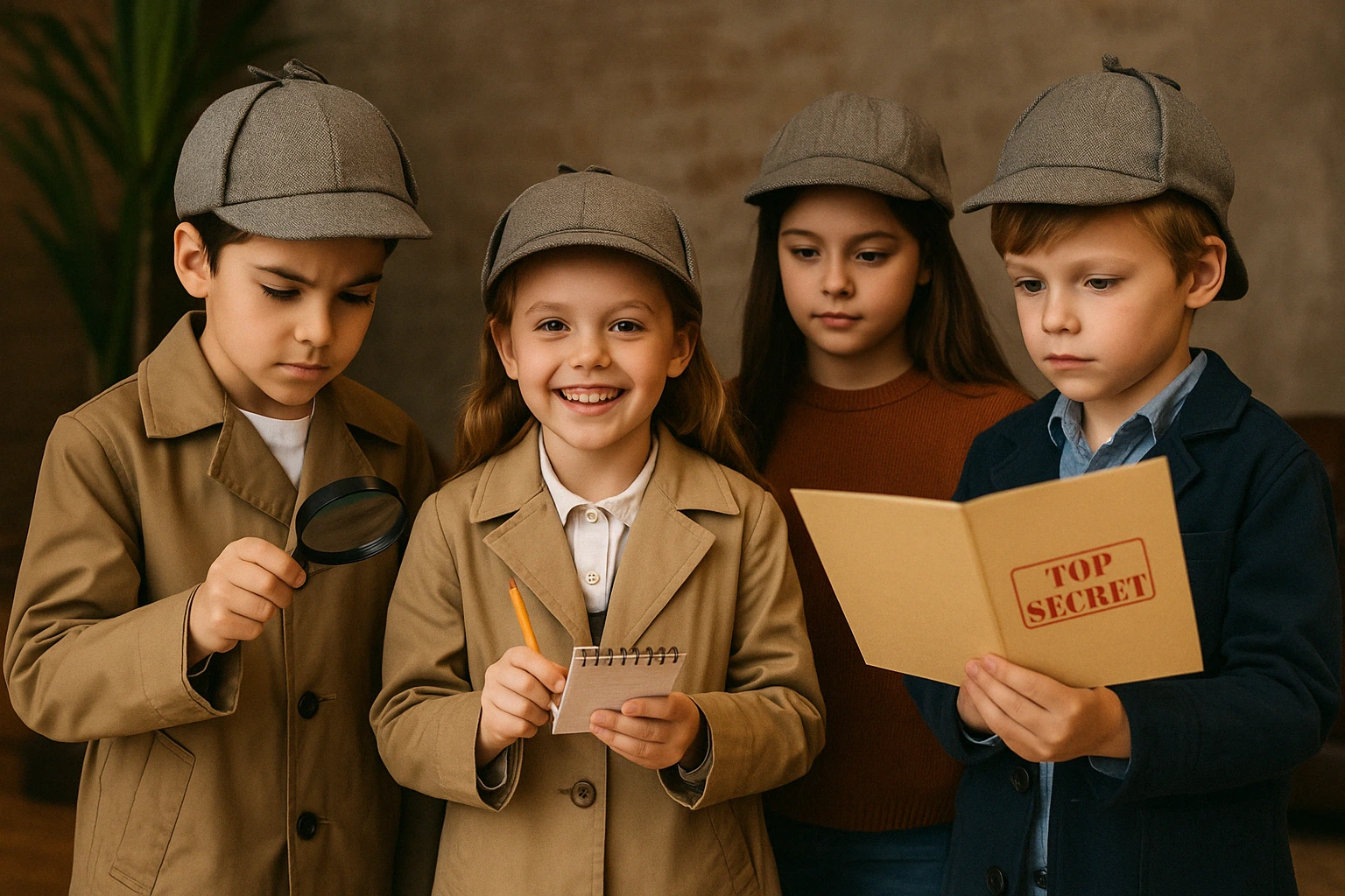 Schnitzeljagd Detektiv Ideen 1 Vier Kinder mit Detektiv-Ausrüstung beim Start einer spannenden Schnitzeljagd, mit Notizblock, Lupe und „Top Secret“-Mappe Schnitzeljagd Detektiv Ideen