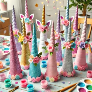 Einhorn-Horn-Deko: Gestalte Papphörner, bemale sie mit Glitzerfarben und stelle sie als Tischdeko oder Party-Requisiten auf.