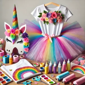 Verkleidung und Accessoires: Kleine Einhörner verzaubern Kostümideen Ein Einhorn-Kostüm ist das Highlight der Party! Hier sind einfache DIY-Ideen: Einhorn-Röcke: Tüll in Regenbogenfarben zuschneiden und mit einem Gummiband zu einem einfachen Tutu zusammenknoten. Einhorn-Hörner: Bastle Hörner aus buntem Papier oder Filz, befestige sie an Haarreifen und verziere sie mit Glitzer und kleinen Blumen. Regenbogen-Shirts: Ein einfaches weißes T-Shirt mit Stofffarben bemalen oder mit selbstklebenden Regenbogen-Patches dekorieren.