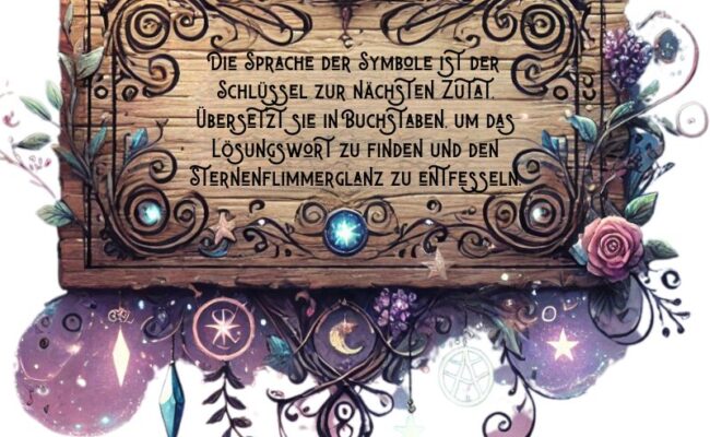 "Magische Rätselaufgabe für Schnitzeljagd: Die Sprache der Symbole entschlüsseln, um das Lösungswort zu finden. Perfekt für eine Zauber-Schnitzeljagd beim Kindergeburtstag!"