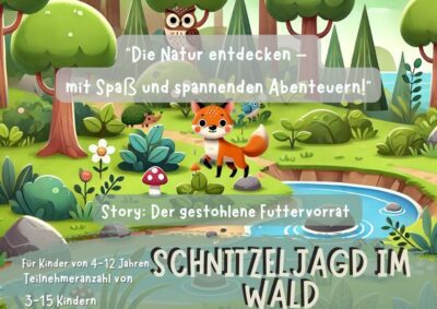 Wald Schatzsuche, Schnitzeljagd-PDFs, Illustration eines dichten, geheimnisvollen Waldes mit verschiedenen Tieren wie Fuchs, Eule und Reh, die gemeinsam auf eine Schatztruhe blicken, welche den verlorenen Futtervorrat symbolisiert.