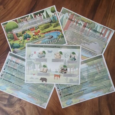 Waldschatzsuche-Cover,staltete Einladungskarte mit Waldmotiven und Platz für individuelle Angaben, um Kinder zum Abenteuer im Wald einzuladen.