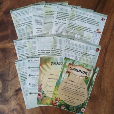 Waldschatzsuche-Stationen, Abbildung einer Rätselkarte mit einer Aufgabe, bei der die Kinder Tierspuren bestimmten Waldbewohnern zuordnen müssen, um den nächsten Hinweis zu erhalten.