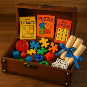 Offene Holz-Schatzkiste gefüllt mit bunten Mini-Spielen, Rätselkarten und Puzzleteilen – kreative Mitgebsel-Ideen für die Schatzsuche auf dem Kindergeburtstag