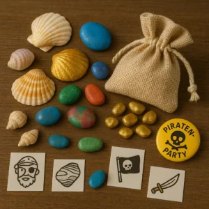 Muscheln, bunt bemalte Steine, goldene Kiesel und ein Jutebeutel auf Holz – nachhaltiger Naturschatz für Kindergeburtstag oder Schnitzeljagd
