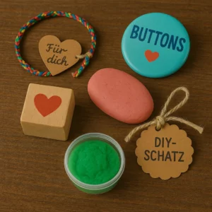 Selbstgemachte Freundschaftsarmbänder, bunter Button, bemalter Holzwürfel, rosa Seife und grüne Knete – liebevolle DIY-Ideen für Kindergeburtstag oder Schatzsuche