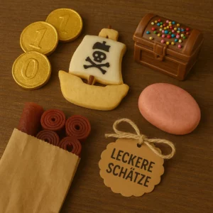Goldene Schokomünzen, Piratenschiff-Keks, Schoko-Schatztruhe, Fruchtleder-Röllchen und Geschenkanhänger – kreative DIY-Naschereien für Kindergeburtstag