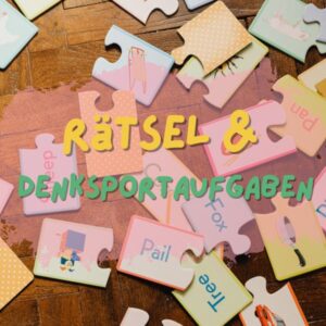 Rätsel & Denksportaufgaben Bunte Puzzle-Teile mit verschiedenen Begriffen und Illustrationen – spielerische Rätsel und Denksportaufgaben für Kinder.