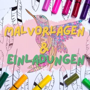 Malvorlagen & Einladungen Ein wunderschönes, detailreiches Malmotiv mit einem Kolibri, umgeben von bunten Filzstiften – kreative Malvorlagen für Kinder.