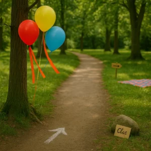 Bunte Luftballons und flatternde Kreppbänder markieren eine Schnitzeljagd-Route in einem grünen Park. Im Hintergrund sind Bäume und versteckte Hinweise wie Kreidestriche und Holzpfeile zu sehen.