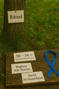 Zettel mit Rechenaufgabe, Wortspiel und Hinweis auf ein blaues Band auf einem Holzbrett, daneben ein Schild mit „Rätsel“ am Baum – kreative Aufgaben für eine knifflige Schatzsuche

