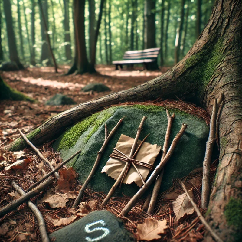 Unauffällige Schnitzeljagd-Markierungen in einem Wald: Ein Pfeil aus Stöcken auf dem Boden, ein dezentes Kreidezeichen auf einem Stein und ein Stück Kreppband, das unauffällig an einem Ast befestigt ist. Natürliches Licht filtert durch die Bäume und verleiht der Szene eine authentische Atmosphäre.