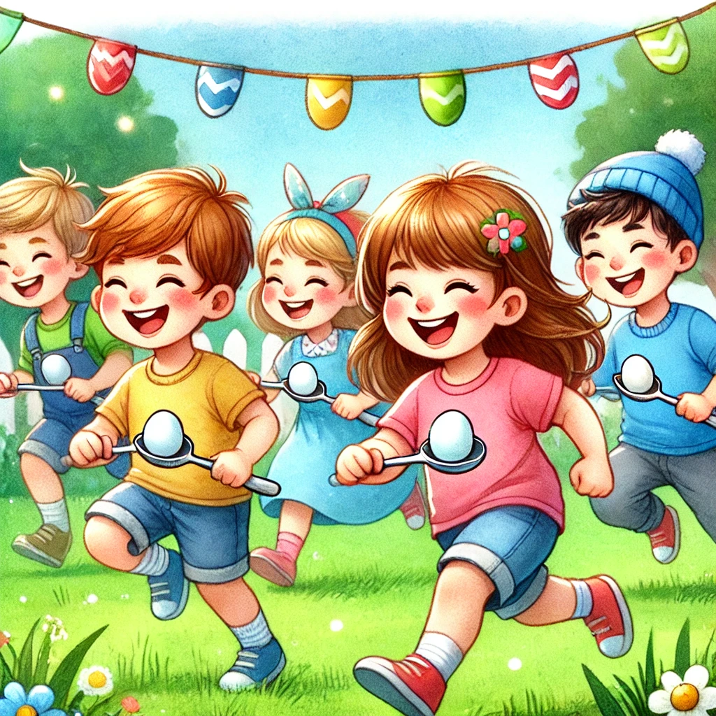 Kinder spielen das klassische Eierlauf-Spiel im Freien. Sie laufen lachend mit Löffeln in den Händen, auf denen sie vorsichtig Eier balancieren. Die Szene ist in einem fröhlichen Aquarellstil gehalten, mit grünem Gras, Bäumen und festlicher Dekoration im Hintergrund.