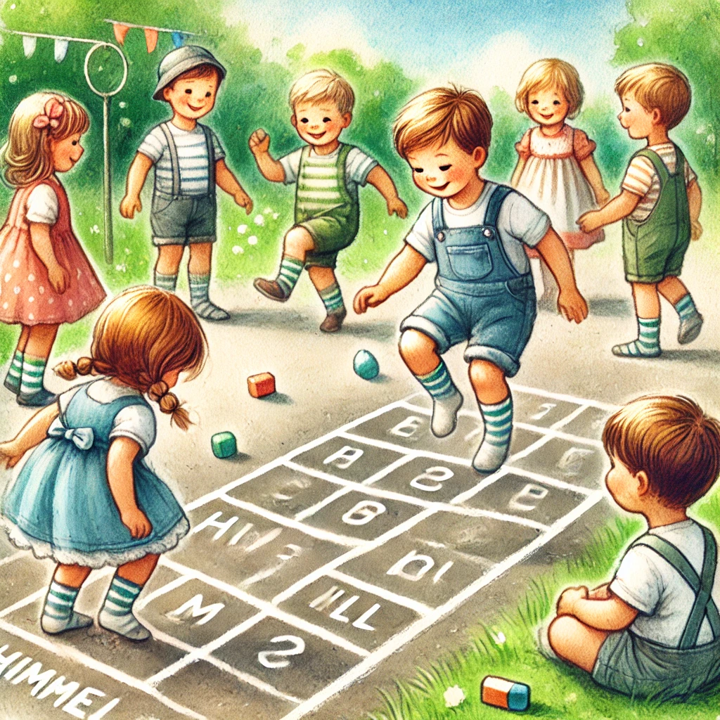 Kinder spielen das klassische Himmel-und-Hölle-Hüpfspiel im Freien. Sie springen auf ein mit Kreide gezeichnetes Spielfeld mit Zahlen und den Wörtern „Himmel“ und „Hölle“. Ein Kind wirft einen kleinen Stein, während andere zuschauen und anfeuern. Die Szene ist in einem farbenfrohen Aquarellstil gehalten, mit grünem Gras, Bäumen und einer fröhlichen Atmosphäre.