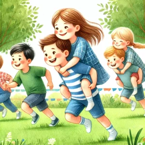 Kinder spielen das klassische Huckepackrennen-Spiel im Freien. In Teams tragen sie sich gegenseitig auf dem Rücken und rennen lachend zur Ziellinie. Einige konzentrieren sich auf das Gleichgewicht, während andere fröhlich lachen. Die Szene ist farbenfroh und lebendig, mit grünem Gras, Bäumen und einer spielerischen Atmosphäre.