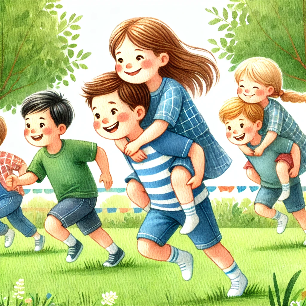 Kinder spielen das klassische Huckepackrennen-Spiel im Freien. In Teams tragen sie sich gegenseitig auf dem Rücken und rennen lachend zur Ziellinie. Einige konzentrieren sich auf das Gleichgewicht, während andere fröhlich lachen. Die Szene ist farbenfroh und lebendig, mit grünem Gras, Bäumen und einer spielerischen Atmosphäre.
