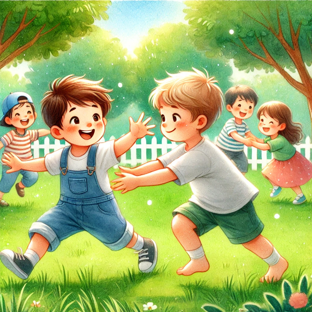 Kinder spielen fröhlich Fangen im Park. Ein Kind rennt lachend davon, während ein anderes versucht, es zu fangen. Im Hintergrund laufen weitere Kinder und genießen das Spiel. Die Szene ist lebendig mit grünem Gras, Bäumen und einer ausgelassenen, spielerischen Atmosphäre.