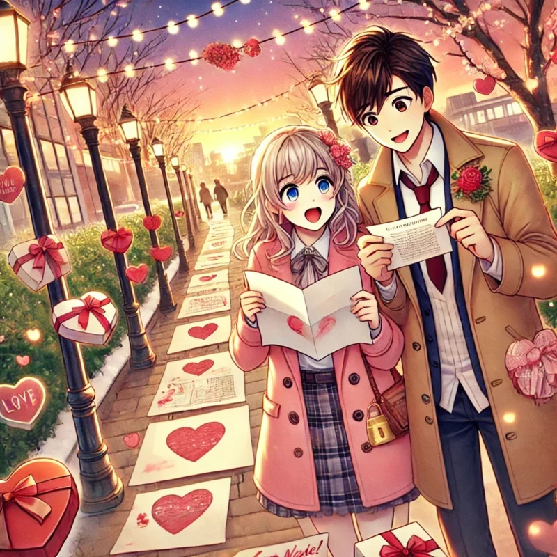 Romantische Anime-Illustration eines Paares auf einer Valentinstags-Schnitzeljagd in einem beleuchteten Park mit Herz-Hinweisen und einem Liebesrätsel. 💕 für eine Romantische Schnitzeljagd zum Valentinstag