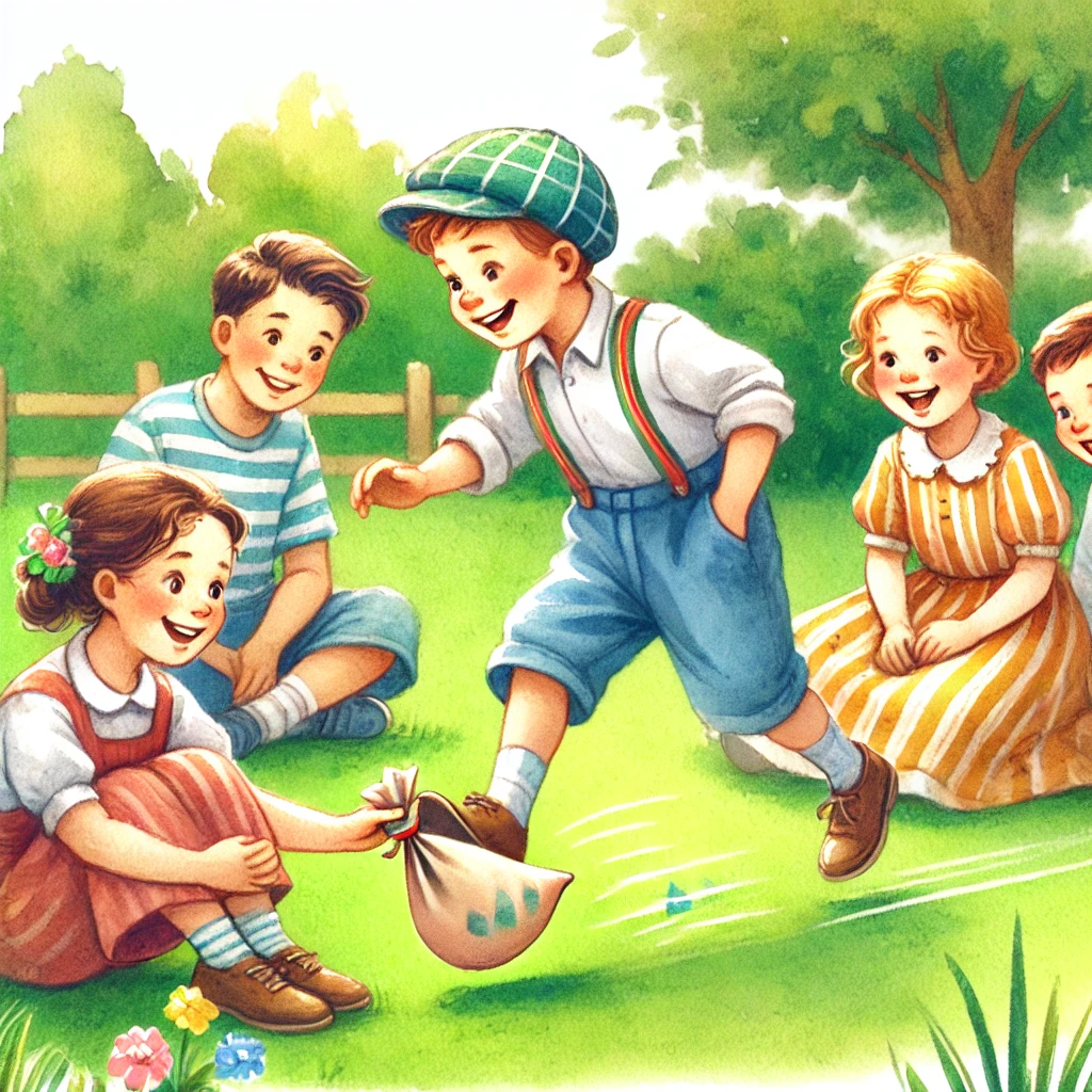 Kinder spielen das klassische Kreisspiel „Der Plumpsack geht um“. Sie sitzen auf dem Gras, während ein Kind hinter ihnen läuft und heimlich ein kleines Säckchen ablegt. Ein anderes Kind bemerkt es gerade und springt auf, um den Läufer einzufangen. Die Szene ist lebendig, mit grüner Wiese, Bäumen und einer fröhlichen Atmosphäre.