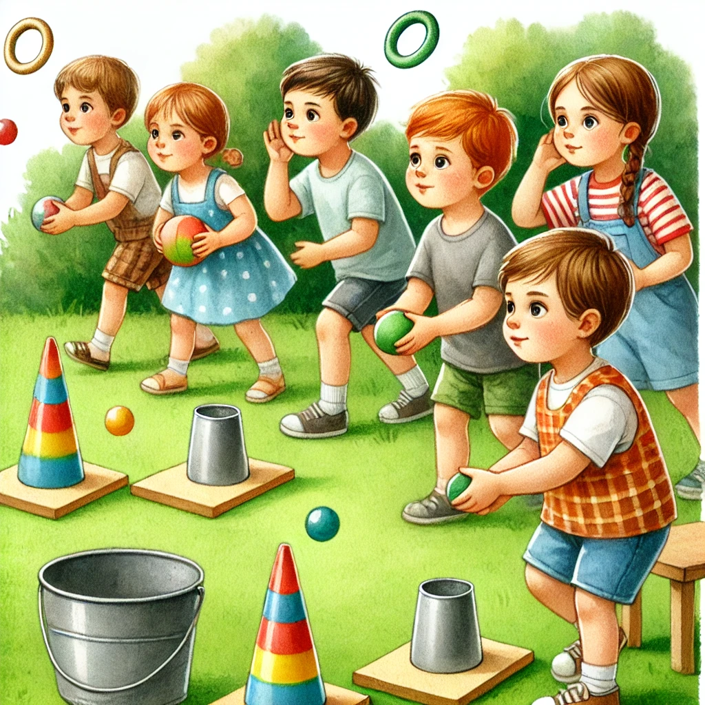 Kinder spielen das klassische Zielwerfen. Sie werfen kleine Bälle oder Säckchen auf ein Ziel wie einen Eimer, einen Ring oder eine Dosenpyramide. Einige Kinder konzentrieren sich beim Werfen, während andere gespannt zuschauen und anfeuern. Die Szene ist lebendig mit grünem Gras, Bäumen und einer fröhlichen, spielerischen Atmosphäre.