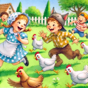 inder spielen das lustige Fangspiel „Hühnerfangen“. Ein Kind als „Fuchs“ jagt lachend eine Gruppe von Kindern, die als „Hühner“ mit flatternden Armen davonlaufen. Einige Kinder kauern sich hin oder versuchen zu entkommen. Die Szene ist lebendig, mit grünem Gras, Bäumen und einer ausgelassenen, spielerischen Atmosphäre.