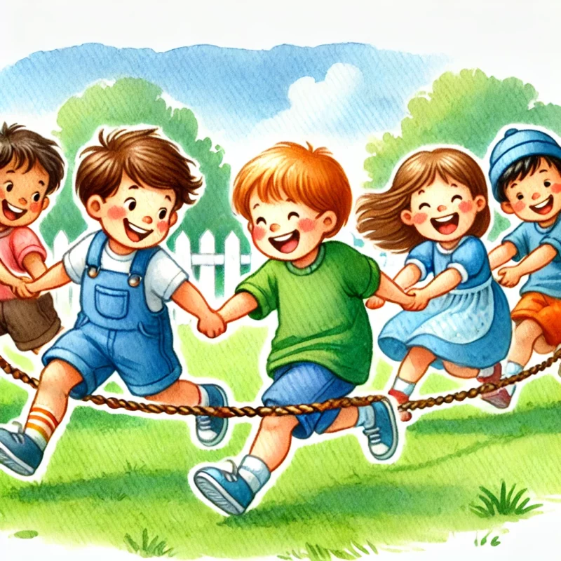 Kinder spielen das Fangspiel „Kettenfangen“. Eine wachsende Gruppe von Kindern hält sich an den Händen und bildet eine Kette, während sie gemeinsam versuchen, die übrigen Spieler zu fangen. Die Szene ist lebendig, mit grünem Gras, Bäumen und einer fröhlichen, spielerischen Atmosphäre.