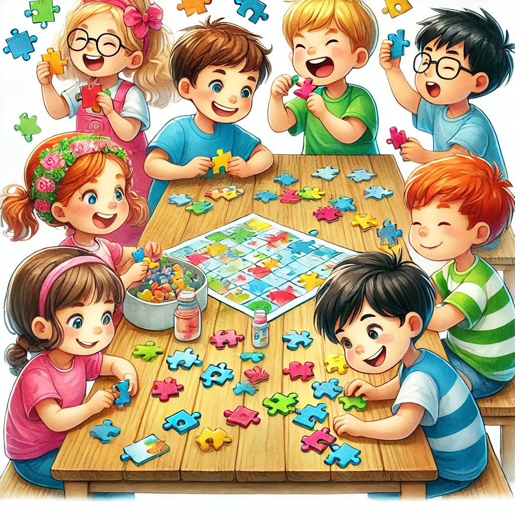 Kinder sitzen um einen Tisch und spielen „Puzzle-Rennen“. Sie setzen bunte Puzzleteile mit voller Konzentration zusammen, während einige lachen und sich gegenseitig anfeuern. Die Szene ist lebendig, mit einer fröhlichen, spielerischen und wettbewerbsfreudigen Atmosphäre.