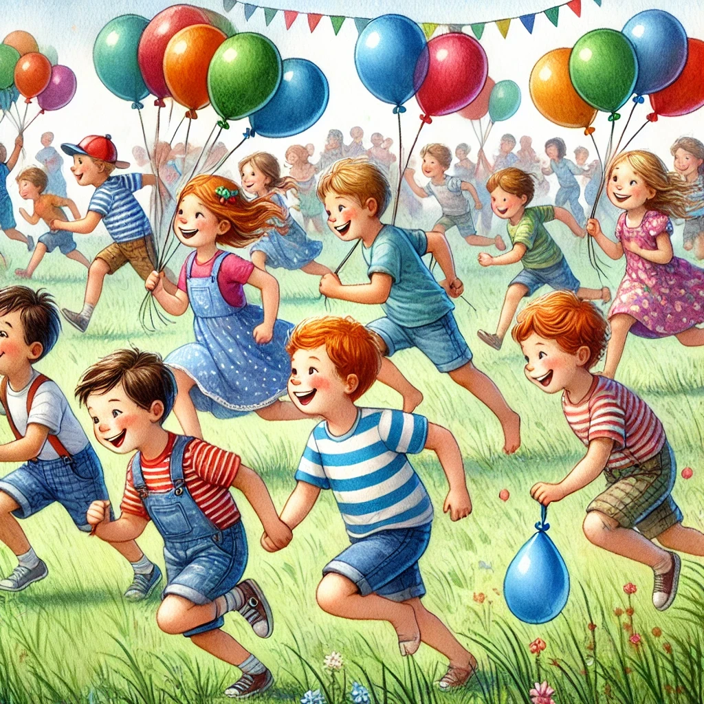 Kinder spielen das lustige Bewegungsspiel „Luftballonlauf“. Sie rennen über eine grüne Wiese und balancieren Luftballons zwischen ihren Knien oder auf ihren Rücken, ohne die Hände zu benutzen. Der Ballon auf der linken Seite wurde entfernt, das fehlende Bein auf der rechten Seite ist sichtbar, und die Anzahl der Ballons wurde reduziert, um die Szene natürlicher wirken zu lassen. Die Kinder lachen, während sie versuchen, ihre Ballons in Balance zu halten. Die Atmosphäre ist fröhlich und voller Energie in einer bunten Outdoor-Umgebung.