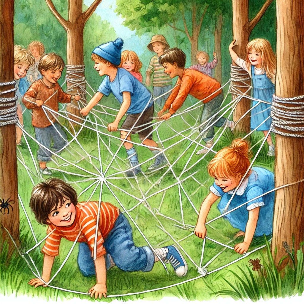 Kinder spielen das Geschicklichkeitsspiel „Spinnennetz-Spiel“ in einem Wald oder Park. Sie klettern vorsichtig durch ein Netz aus gespannten Seilen zwischen Bäumen, versuchen das Netz nicht zu berühren und lachen dabei. Die Szene ist lebendig, mit einer fröhlichen Outdoor-Atmosphäre voller Spaß und Herausforderung.