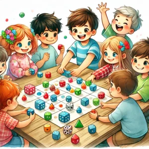 Kinder spielen ein lustiges Würfelspiel. Sie sitzen um einen Tisch, rollen bunte Würfel und lachen aufgeregt. Einige beobachten gespannt das Würfelergebnis, während andere sich über einen glücklichen Wurf freuen. Die Szene ist fröhlich und energiegeladen, in einer gemütlichen, spielerischen Indoor-Atmosphäre.