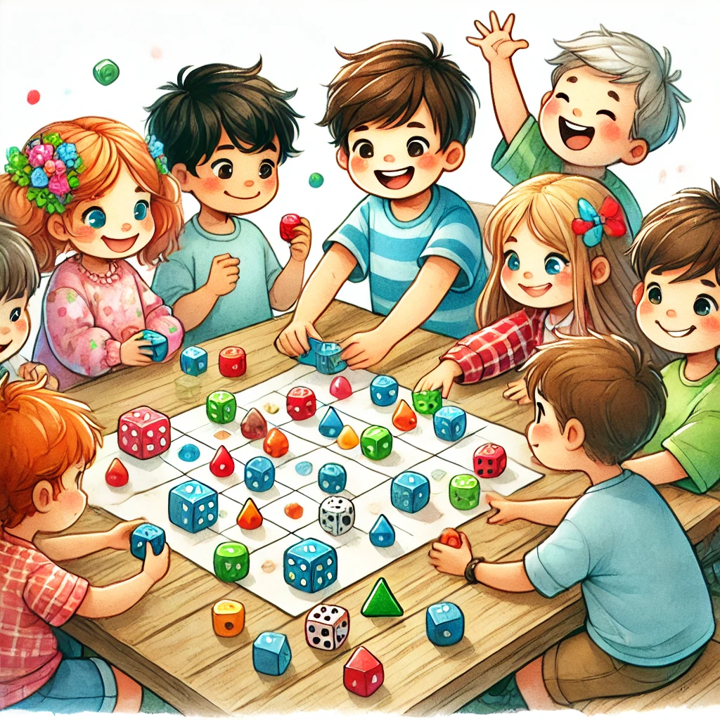 Kinder spielen ein lustiges Würfelspiel. Sie sitzen um einen Tisch, rollen bunte Würfel und lachen aufgeregt. Einige beobachten gespannt das Würfelergebnis, während andere sich über einen glücklichen Wurf freuen. Die Szene ist fröhlich und energiegeladen, in einer gemütlichen, spielerischen Indoor-Atmosphäre.