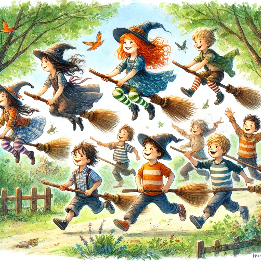 Kinder spielen das magische Bewegungsspiel „Besenreiten“. Sie halten Besenstiele zwischen ihren Beinen und rennen lachend umher, als würden sie fliegen. Einige springen über kleine Hindernisse, während andere jubeln und anfeuern. Die Szene spielt sich in einer verzauberten, hellen Wald- oder Parklandschaft ab und verbreitet eine spielerische, fantasievolle Atmosphäre.