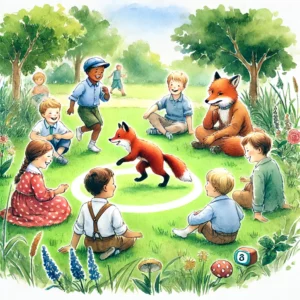 Kinder spielen das traditionelle Kreisspiel „Der Fuchs geht um“ auf einer sonnigen Wiese. Sie sitzen im Kreis, während ein Kind, der „Fuchs“, leise hinter ihnen schleicht und darauf wartet, ein Tuch fallen zu lassen. Einige Kinder lachen, andere beobachten gespannt, ob sie als Nächstes an der Reihe sind. Die Szene ist lebendig und fröhlich, mit einer spielerischen Outdoor-Atmosphäre