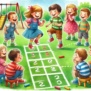 Kinder spielen fröhlich das klassische „Hopse-Spiel“ (Hüpfekästchen) im Freien. Sie hüpfen auf einem Bein entlang eines bunten Kreidemusters, lachen und balancieren geschickt. Einige Kinder warten gespannt auf ihre Runde, während andere ihre Freunde anfeuern. Die Szene ist voller Energie in einem sonnigen Park mit grünem Gras und Bäumen.