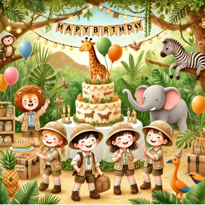 Verspielte Illustration eines Dschungel-Kindergeburtstags mit fröhlichen Kindern als kleine Entdecker, einer tierischen Geburtstagstorte, Dschungel-Dekorationen und freundlichen Tieren wie Elefanten, Affen und Papageien. Dschungel-Party Dschungel-Rätsel für Kinder