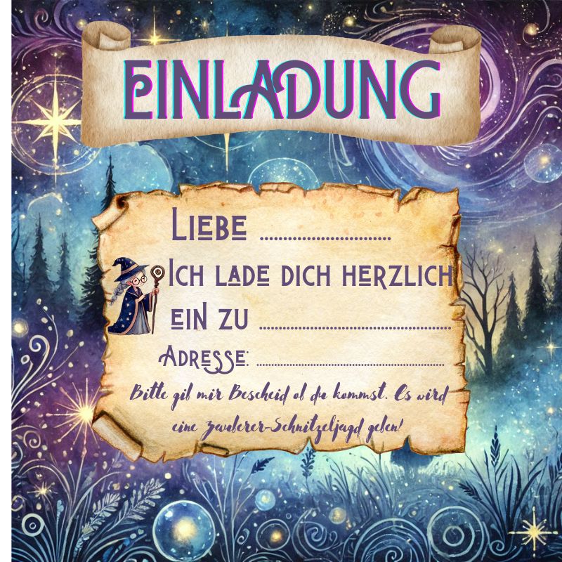 "Magische Einladungstext für Zauberer-Kindergeburtstag mit fantasievollen Motiven und Einladungstext für eine zauberhafte Schnitzeljagd: Geniale Einladungstexte für den Kindergeburtstag